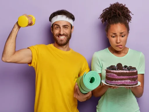 Man holding dumbbell smiling, woman holding cake looking concerned