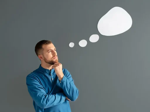 Man deep in thought with thought bubbles above his head, representing the concept of testing advice and making informed decisions