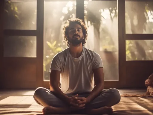 Man meditating peacefully in a serene environment