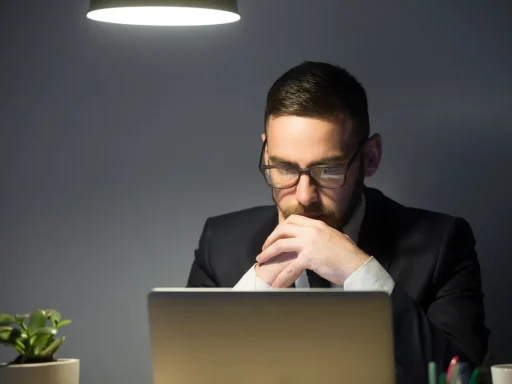 A businessman deep in thought, working late at his desk to overcome distraction problems.