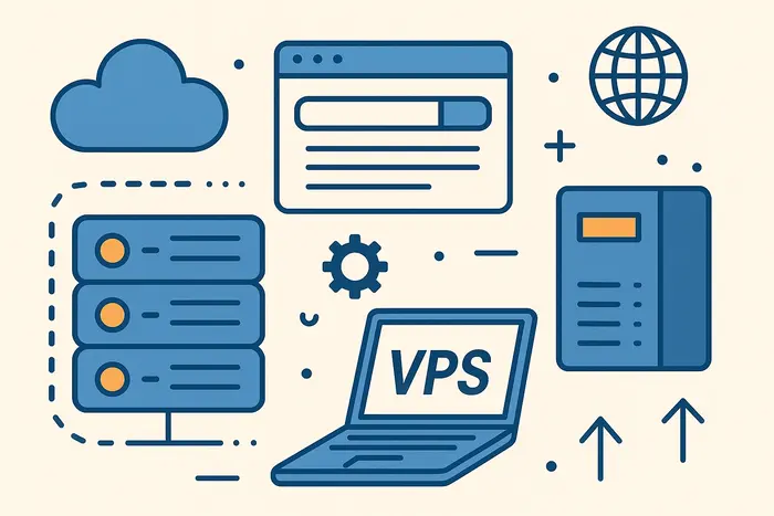 Clean vector illustration showing VPS, cloud, shared, and dedicated hosting concepts. Ideal for blogs, tutorials, or tech articles about web hosting.